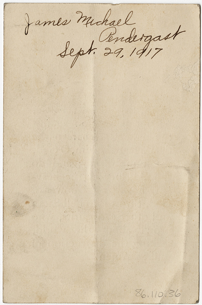 Scan of the back of a vintage card. Blank except for a handwritten signature and date: "James Michael Pendergast / Sept. 29, 1917"